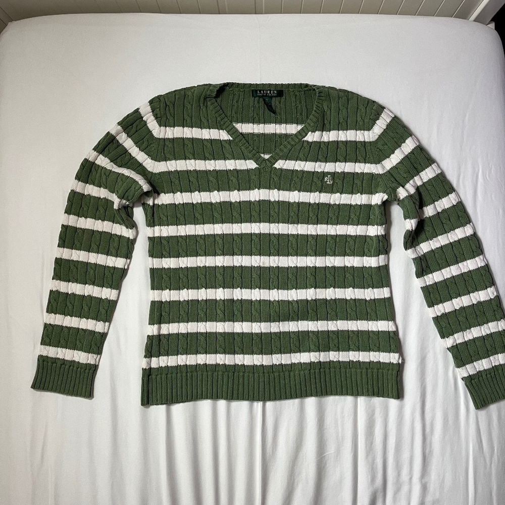 Women’s Ralph Lauren green + white cable knit sweater